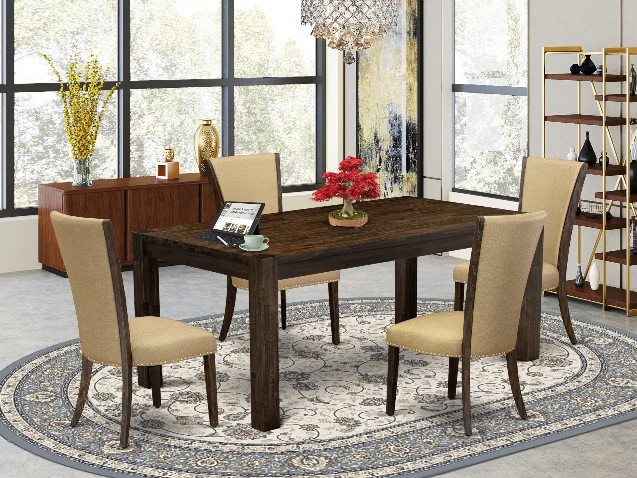 East West Furniture Lmve5-77-03 5 Piece Dinette Set Includes A Rectangle Rustic Wood Dining Room Table And 4 Brown Linen Fabric Upholstered Parson Chairs, 40X72 Inch, Jacobean